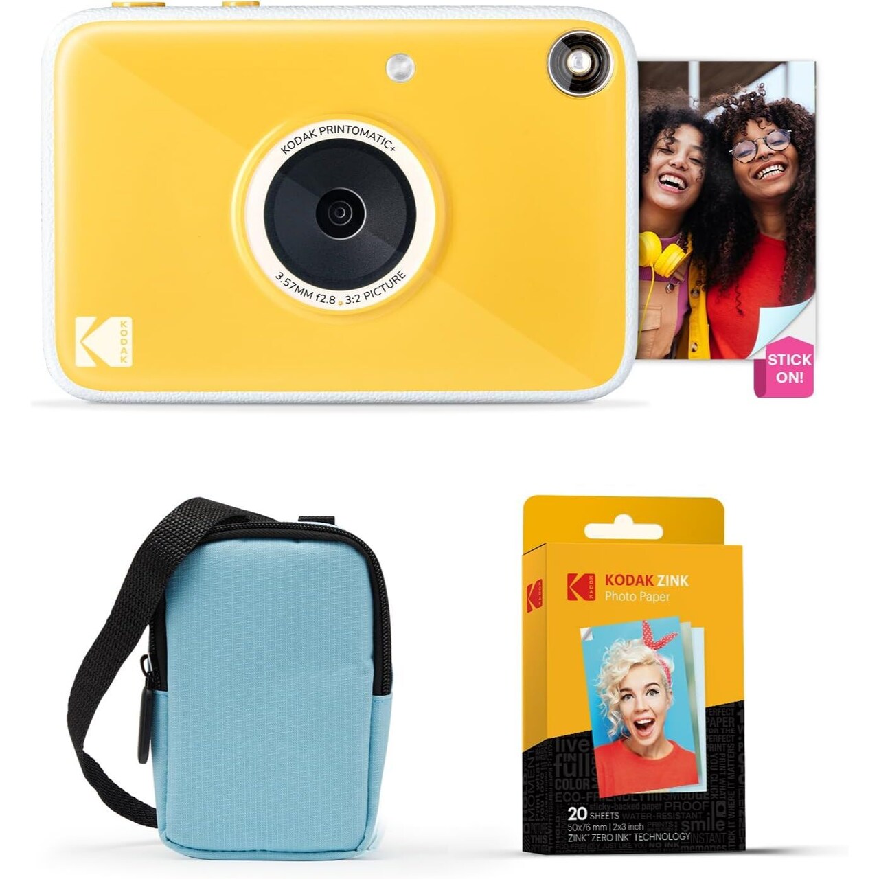 Kodak Printomatic+ Instant Print Digital Camera Starter Bundle + Carrying Case + Zink 20pk Sticky-Back Photo Paper - 10MP, Full-Color Photos, RGB LED Status Indicator